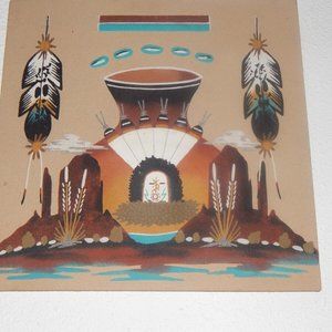WALLACE WATCHMAN SAND PAINTING, NAVAJO TALKING GOD 16" X 16"